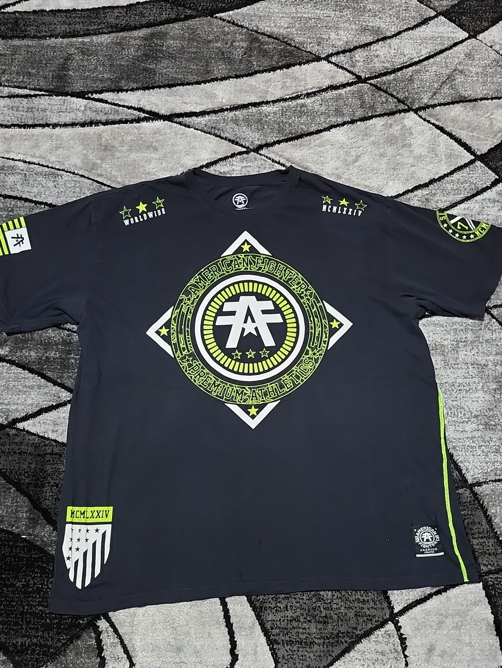AMERICAN FIGHTER BLACK NEON GREEN GRAPHIC CREW-NECK COTTON TEE-SHIRT W/FLAWS